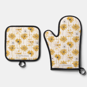 Yellow and White Flowers - Distressed Golden Plaid Oven Mitt & Pot Holder Set