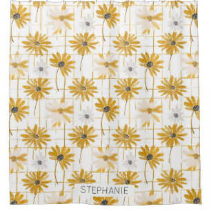 Yellow and White Flowers - Distressed Golden Plaid Shower Curtain