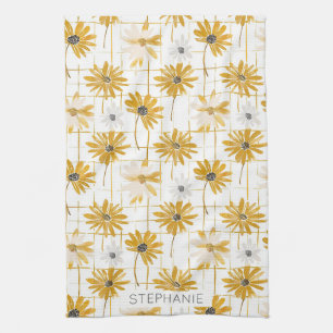 Yellow and White Flowers - Distressed Golden Plaid Tea Towel