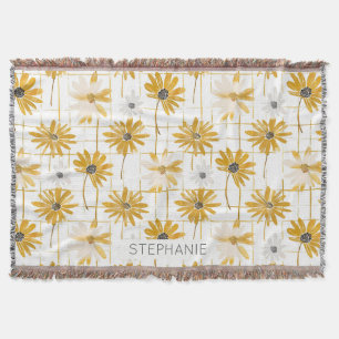 Yellow and White Flowers - Distressed Golden Plaid Throw Blanket