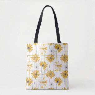 Yellow and White Flowers - Distressed Golden Plaid Tote Bag