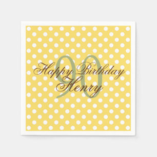 Yellow and White Fun Polka Dot 90th Birthday Paper Napkin