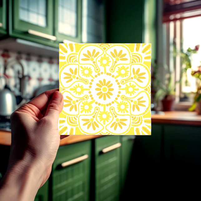 Yellow and white geometric  ceramic tile (Geometric yellow and white Ceramictile.)