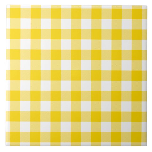 Yellow and White Gingham Checks Squares Pattern Ceramic Tile (Front)