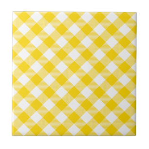 Yellow and White Gingham Diagonal Checks Pattern Ceramic Tile