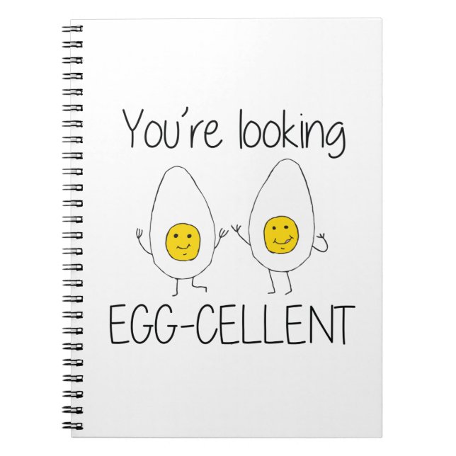 Yellow and White Hand Drawn Egg-cellent Egg puns Notebook (Front)