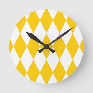 Yellow and White Harlequin Diamonds Check Design Round Clock