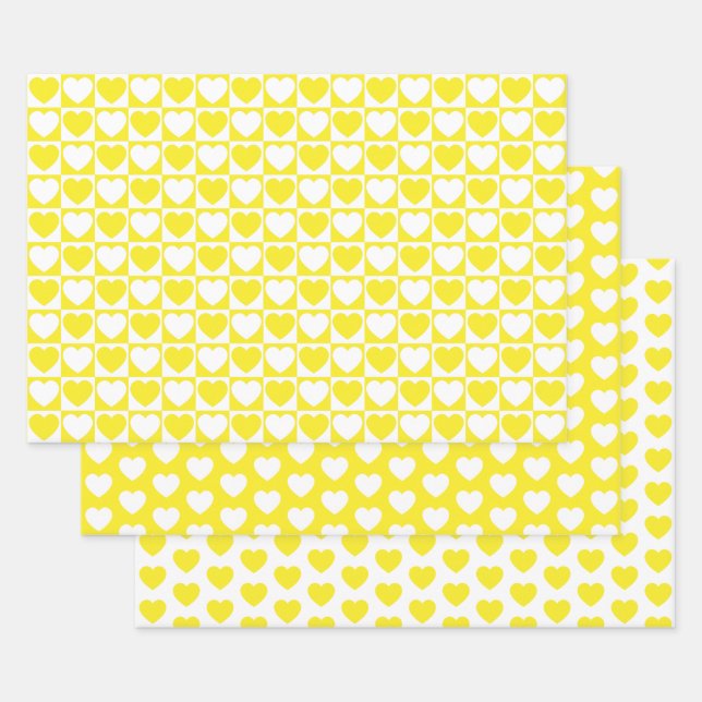 Yellow and White Hearts Wrapping Paper Sheet (Set)