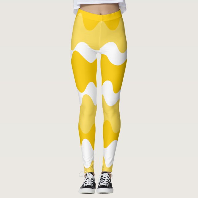 Yellow and white horizontal wavy pattern  leggings (Front)