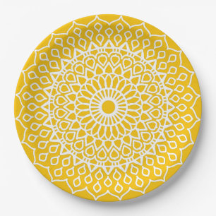 Yellow and White Mandala - Dans-lew in Honey Paper Plate