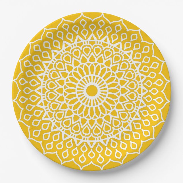 Yellow and White Mandala - Dans-lew in Honey Paper Plate (Front)