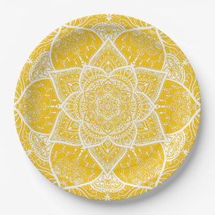 Yellow and White Mandala - Loergann in Honey Paper Plate