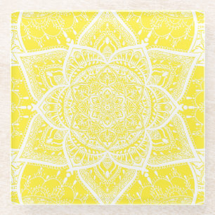 Yellow and White Mandala - Loergann in Lemon Glass Coaster