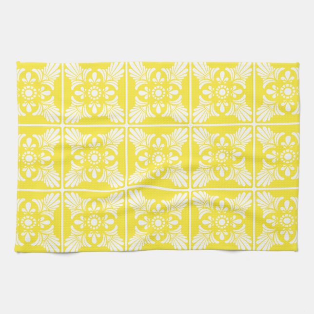 Yellow and White Mediterranean Style Tile Pattern Tea Towel (Horizontal)