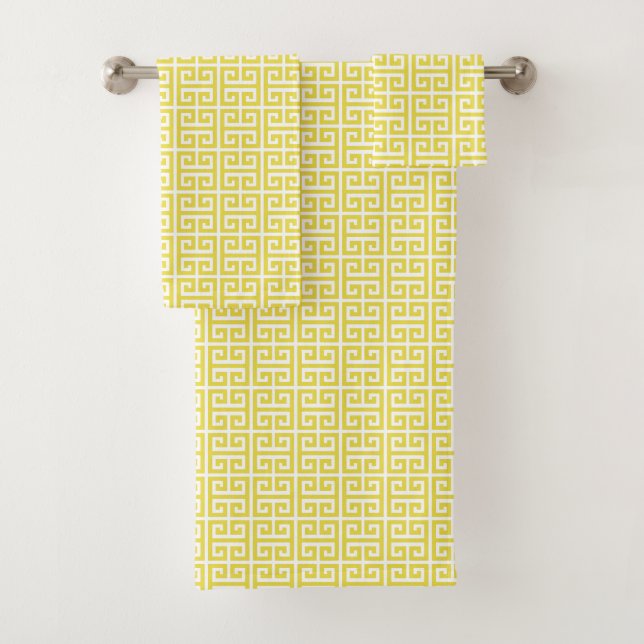 Yellow and White Modern Greek Key Pattern Bath Towel Set (Insitu)