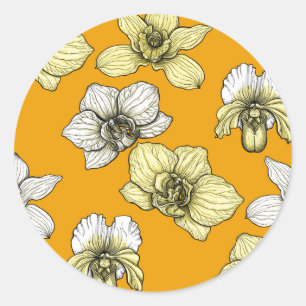 Yellow and white orchid flowers classic round sticker