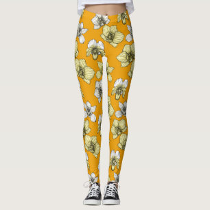 Yellow and white orchid flowers leggings