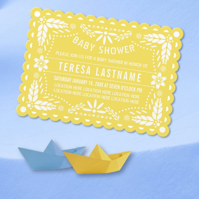 Yellow and white papel picado baby shower invitation (Creator Uploaded)