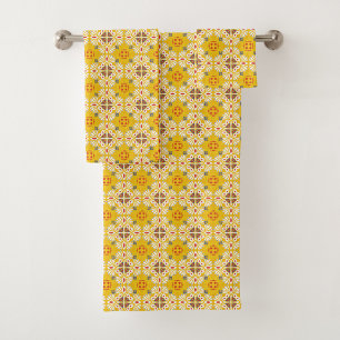 Yellow and white patterned floral  bath towel set