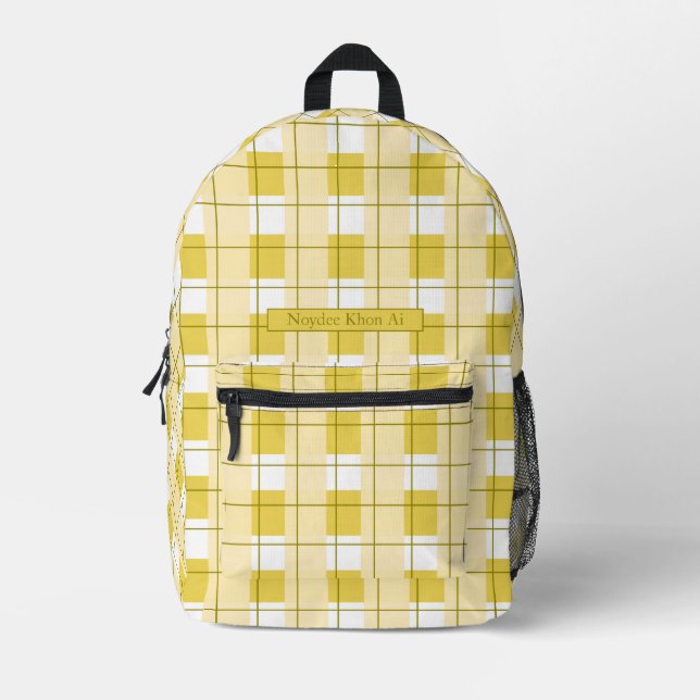 Yellow and White Plaid, Your Name Printed Backpack (Front)