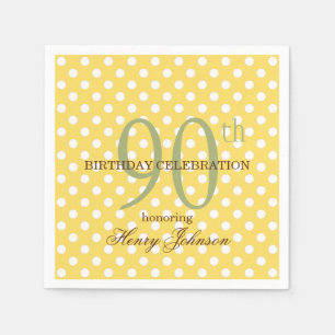 Yellow and White Polka Dot 90th Birthday Paper Napkin