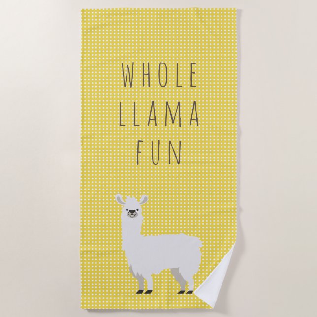 Yellow and White Polka Dot Cute Llama Beach Towel (Front)
