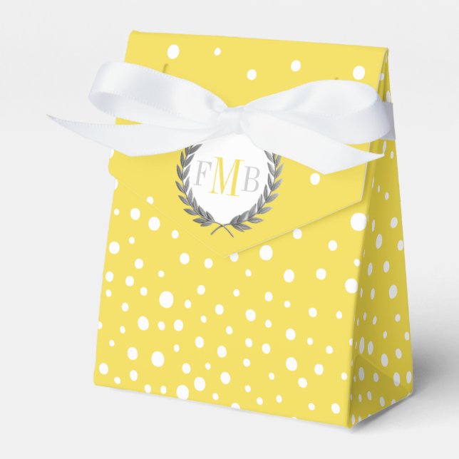 Yellow and white polka dot pattern wedding fav favour box (Front Side)