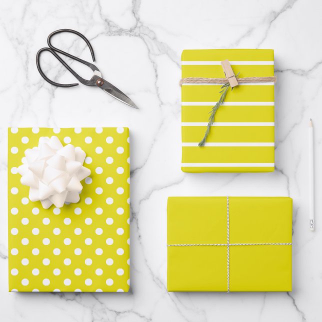 Yellow and White Polka Dot Stripes Wrapping Paper Sheet (Front)