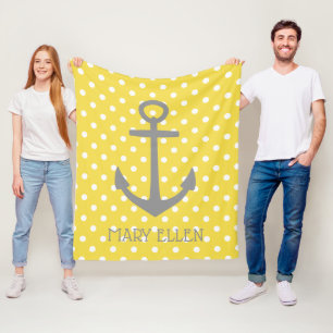 Yellow and White Polka Dot With Dove Grey Anchor Fleece Blanket
