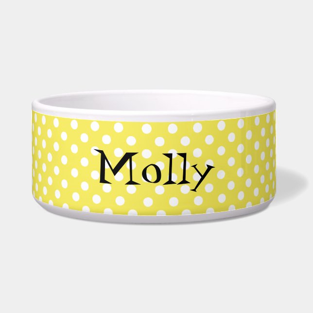 Yellow and White Polka Dots Custom Pet Bowl (Front)