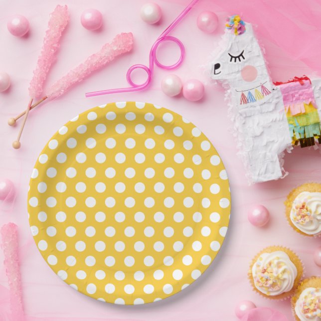 Yellow and White Polka Dots Paper Plate (Party)