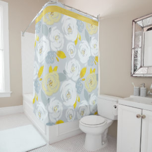 Yellow and White Roses on Gray Shower Curtain