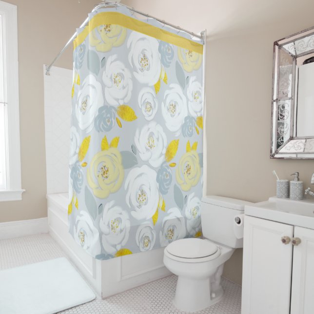 Yellow and White Roses on Gray Shower Curtain (In Situ)
