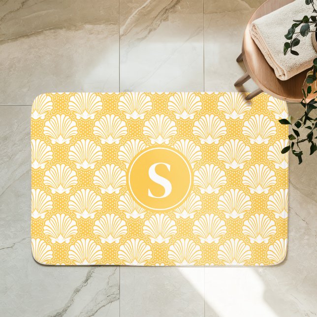 Yellow and White Seashell Coastal Monogram Bath Mat (Creator Uploaded)