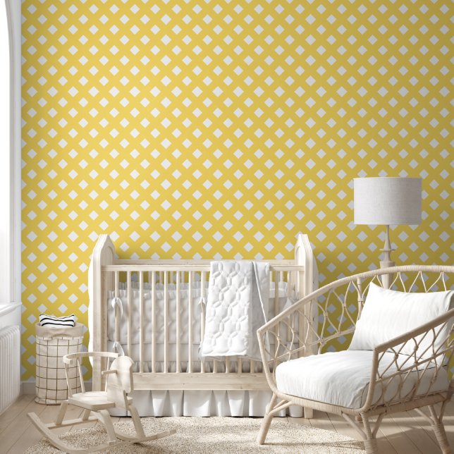 Yellow and White Shabby Chic Lattice Pattern Wallpaper (Kids)