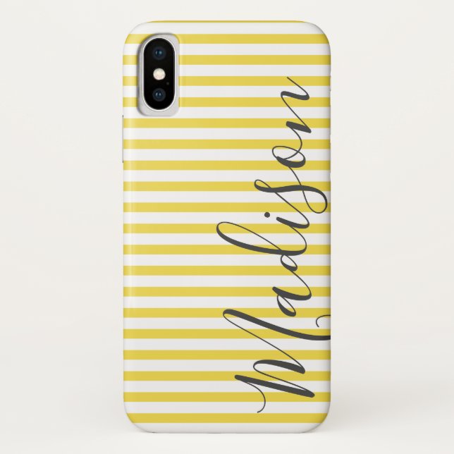 Yellow and White Stripes  Personalized Name Case-Mate iPhone Case (Back)