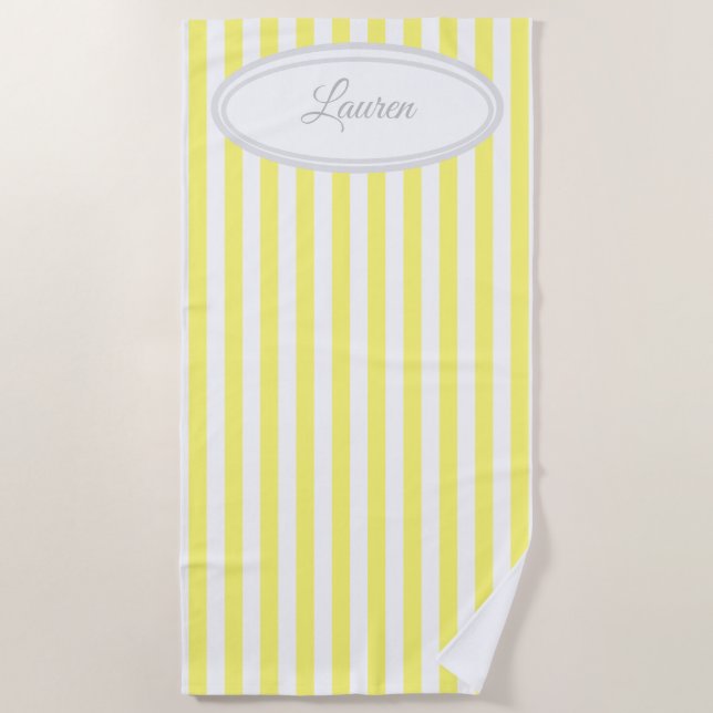 Yellow and White Vertical Stripes Monogram Beach Towel (Front)