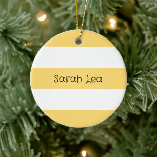 Yellow And White Vertikal Stripes Ceramic Ornament