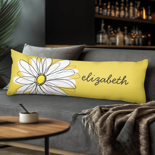Yellow and White Whimsical Daisy with Custom Text Body Cushion (Custom Monogram Body Pillow)