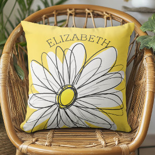 Yellow and White Whimsical Daisy with Custom Text Cushion