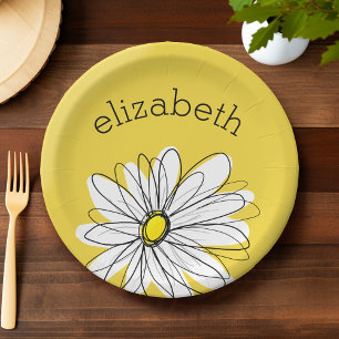 Yellow and White Whimsical Daisy with Custom Text Paper Plate