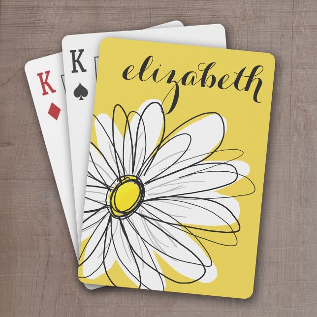 Yellow and White Whimsical Daisy with Custom Text Playing Cards (Whimsical Daisy Drawing with a place to add your name - personalized playing cards)