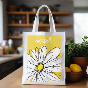 Yellow and White Whimsical Daisy with Custom Text Reusable Grocery Bag
