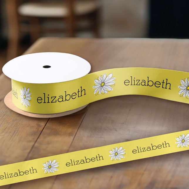 Yellow and White Whimsical Daisy with Custom Text Satin Ribbon (Custom Ribbon on a Roll - Personalize this ribbon with you text)