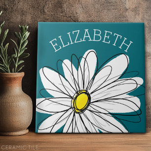 Yellow and White Whimsical Daisy with Custom Text Tile