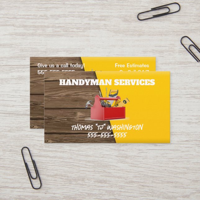 Yellow and Wood Handyman  Business Card (Front/Back In Situ)