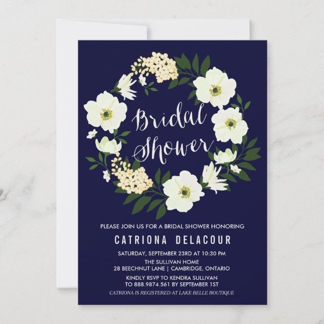 Yellow Anemone Floral Wreath Navy Bridal Shower Invitation (Front)