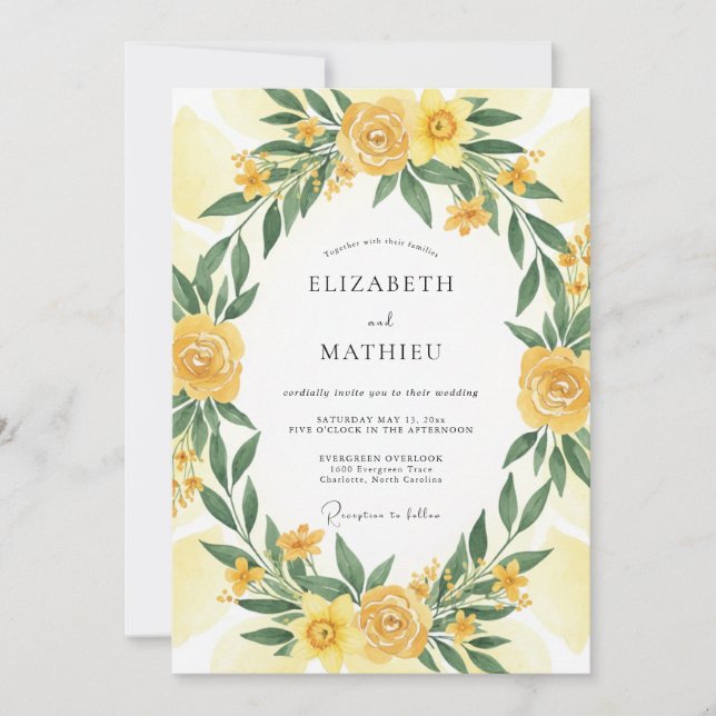 Yellow Antique Rose Wreath Wedding Invitation (Front)