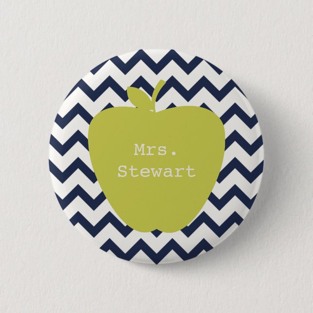 Yellow Apple & Navy Chevron Teacher 6 Cm Round Badge (Front)