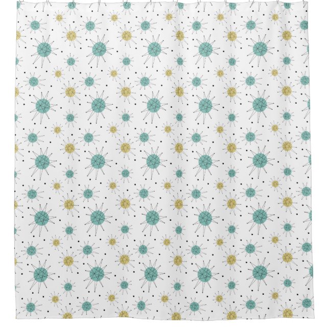 Yellow Aqua Blue Franciscan Starburst Mid Century Shower Curtain (Front)
